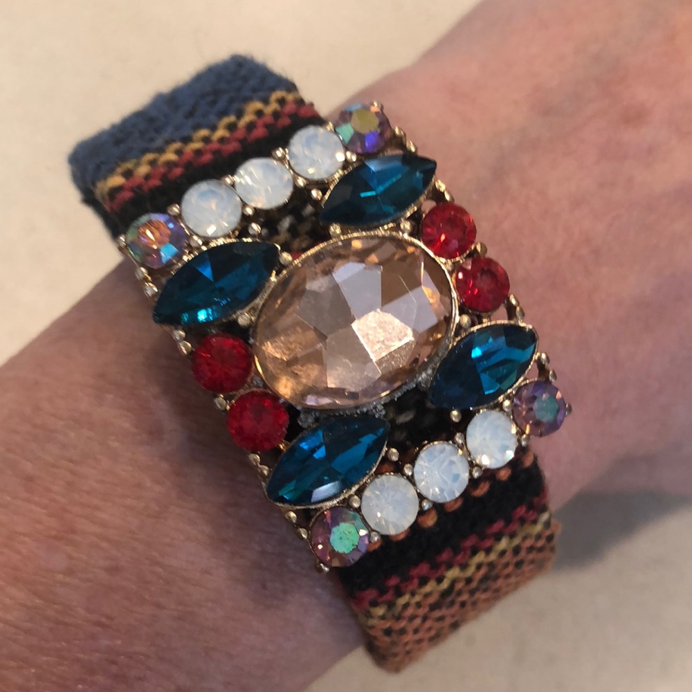 BOHO FABRIC COVERED CUFF BRACELET WITH MULTICOLORED RHINESTONES